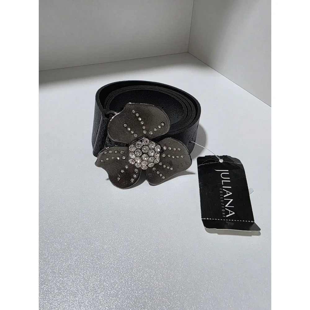 Juliana Italian Leather Black Belt Large Rhinestone Flower Buckle Made in Canada
